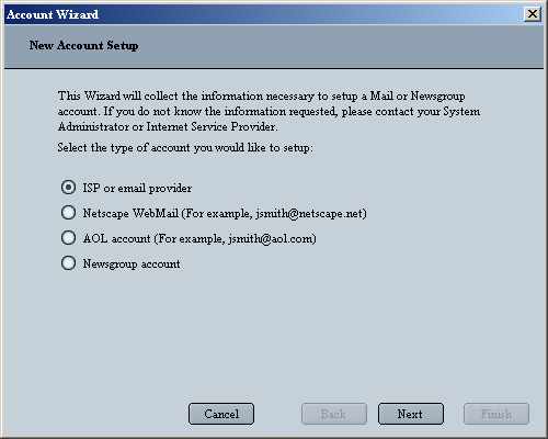 Netscape 6 Email for Windows New Account Setup screen