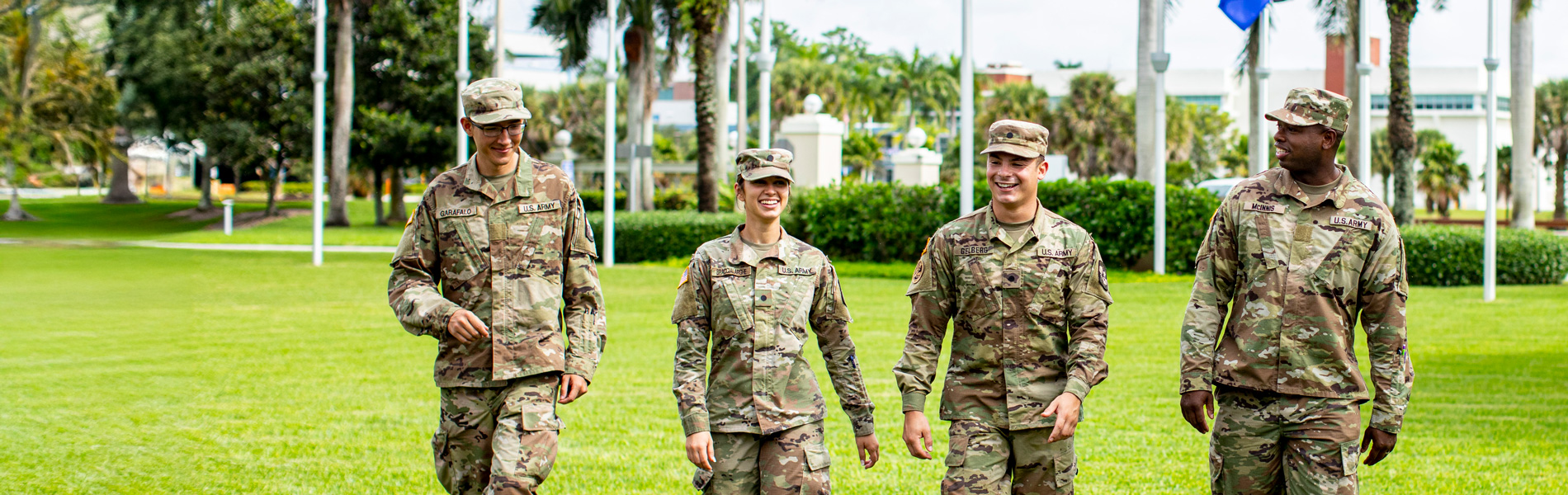 Military group walking around campus