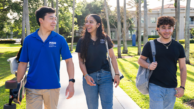 NSU students talking and walking outdoors