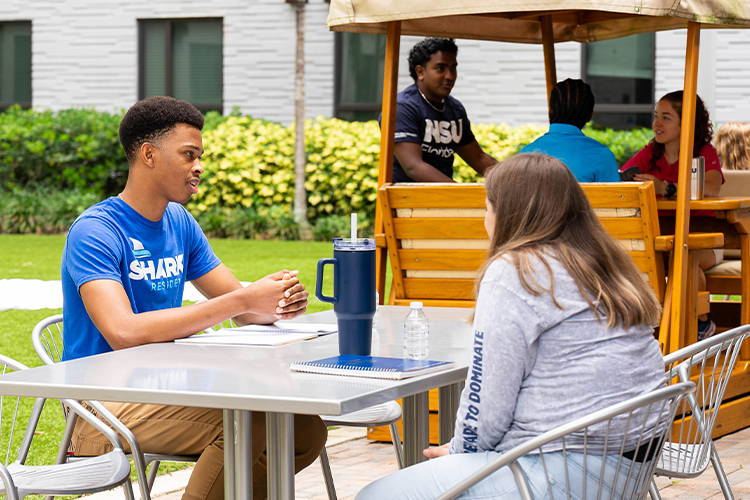 Group of NSU students talking outside