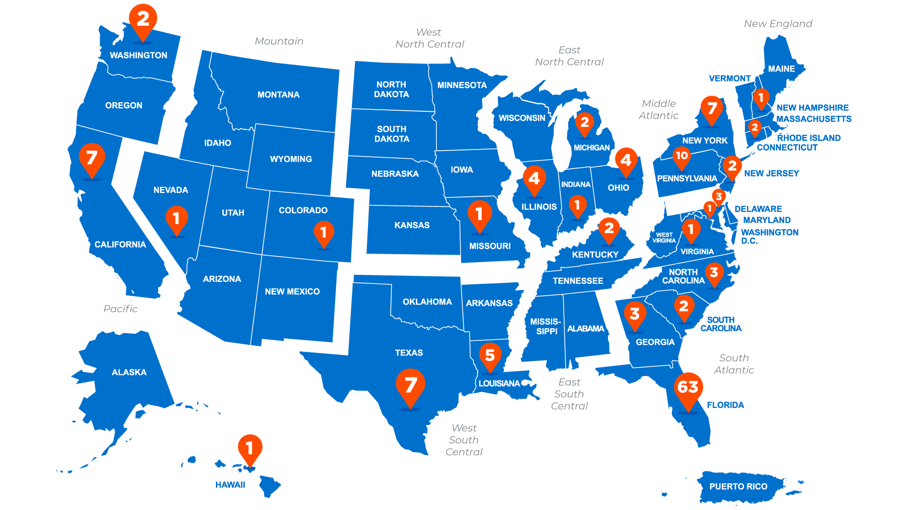 Map of the United States with numbers on each state indicating number of students matched to residencies in that state, aggregated over the past three years..