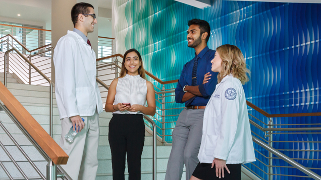 Osteopathic medicine doctoral group of students speaking on stairs