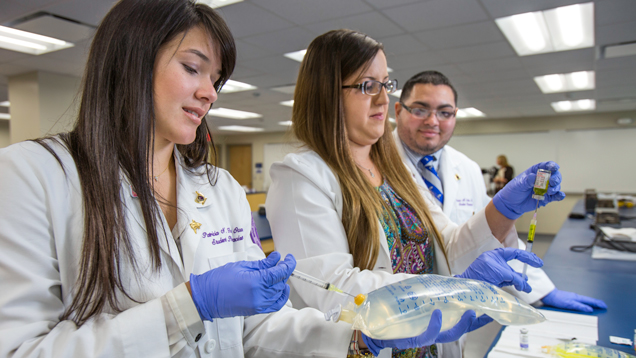 Group of pharmacy students using tools and learning in class