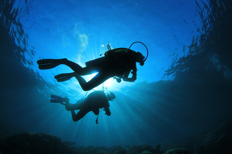 Two scuba divers silhouetted against the sun underwater