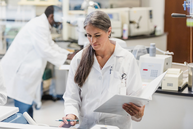 Lab supervisor reviews documents while colleagues work