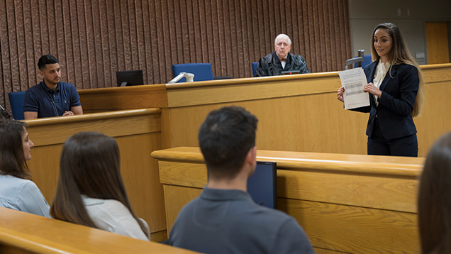 Lawyer speaking to the jury in a courtroom