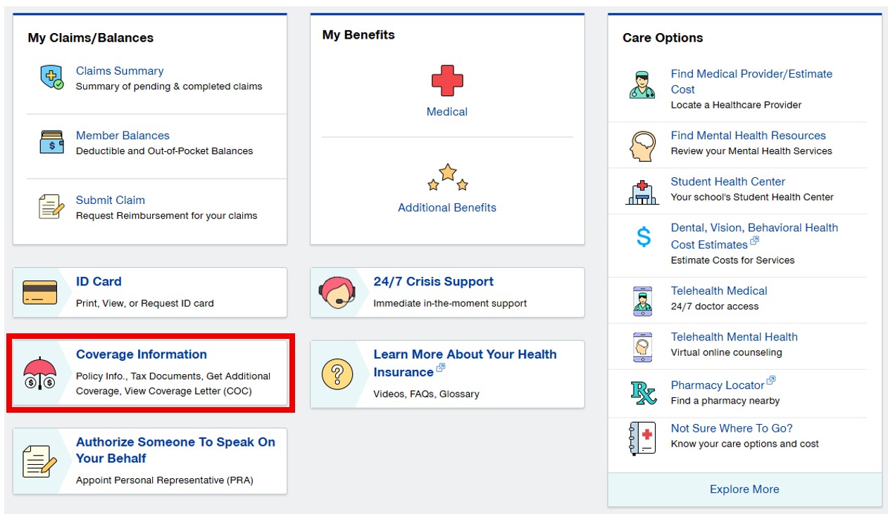 Screenshot of United Healthcare Student Health Insurance Information