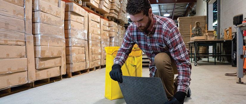 man wearing safety glove in a warehouse, covering a spill