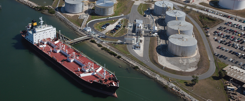 overhead view of ship at port