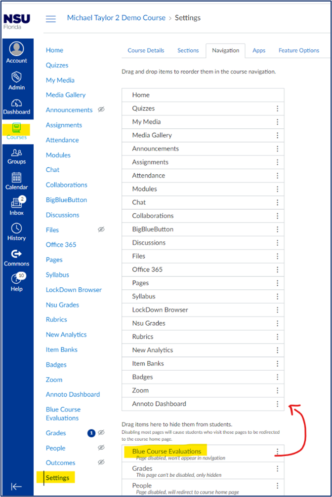 Blue Course Evaluations settings
