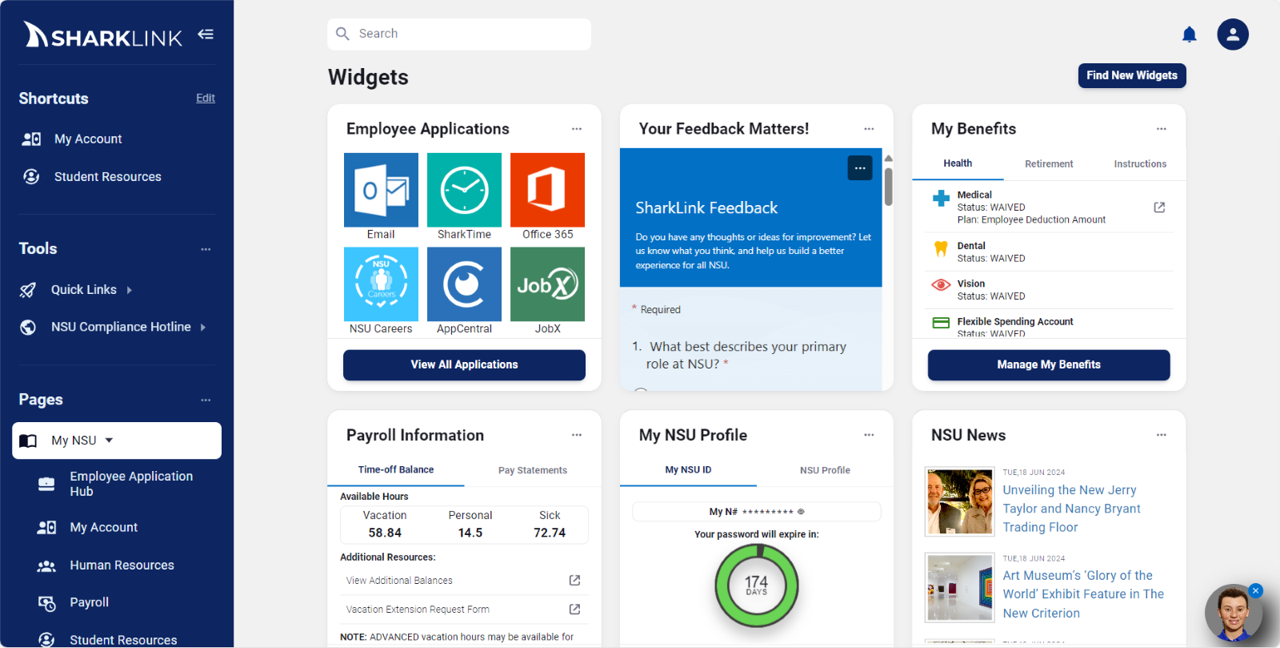 MyNSU Dashboard in Sharklink