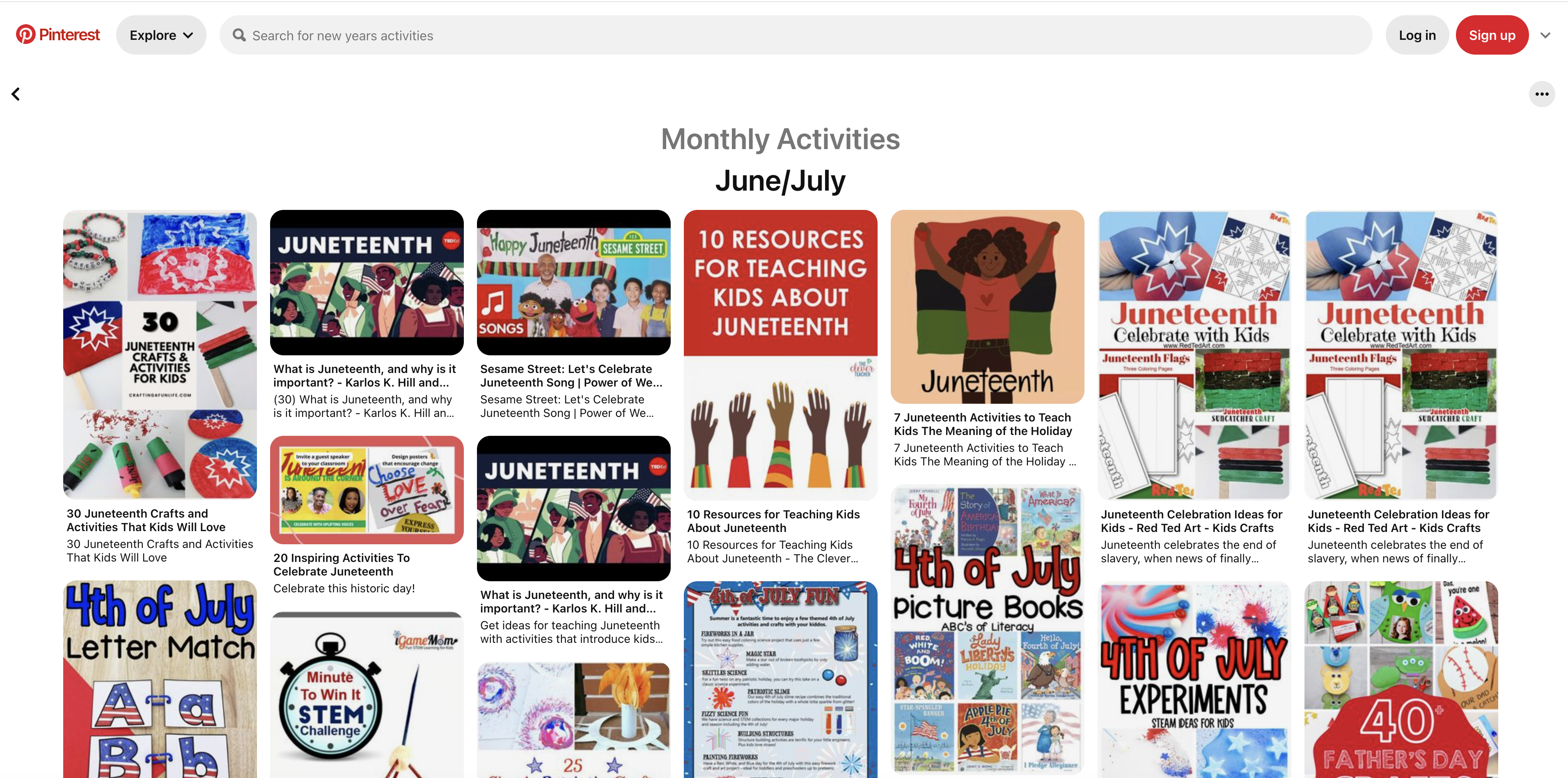 Screenshot of Project RISE Pinterest page's section with June/July resources.